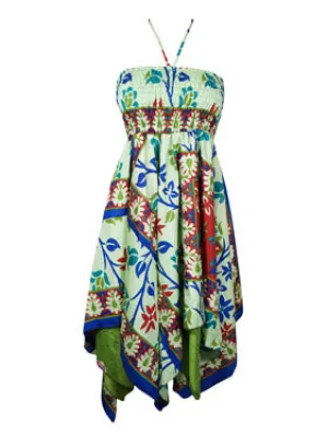 Women's Ibiza Dress Green Blue Printed Sundress S/M