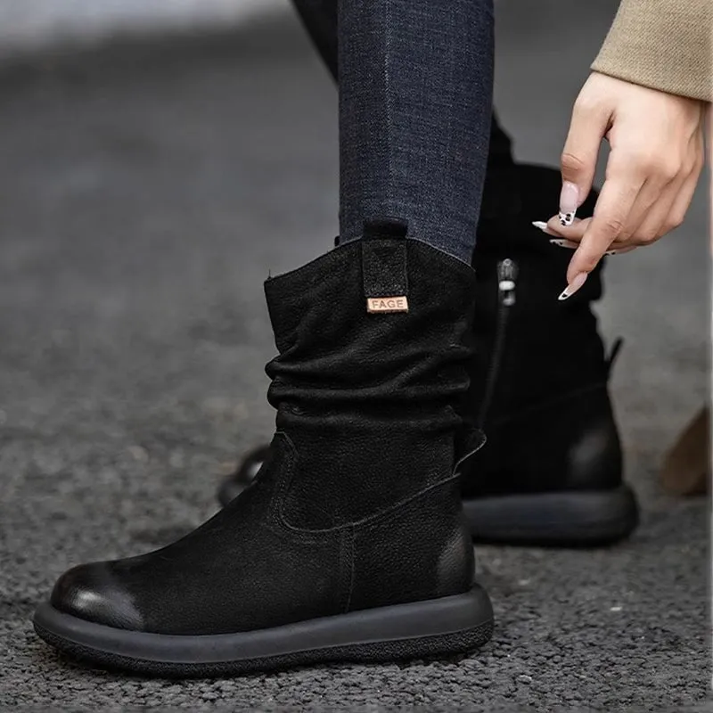 Women's Leather Mid Calf Western Boots In Brown/Black - Western Round Toe 30mm Heel