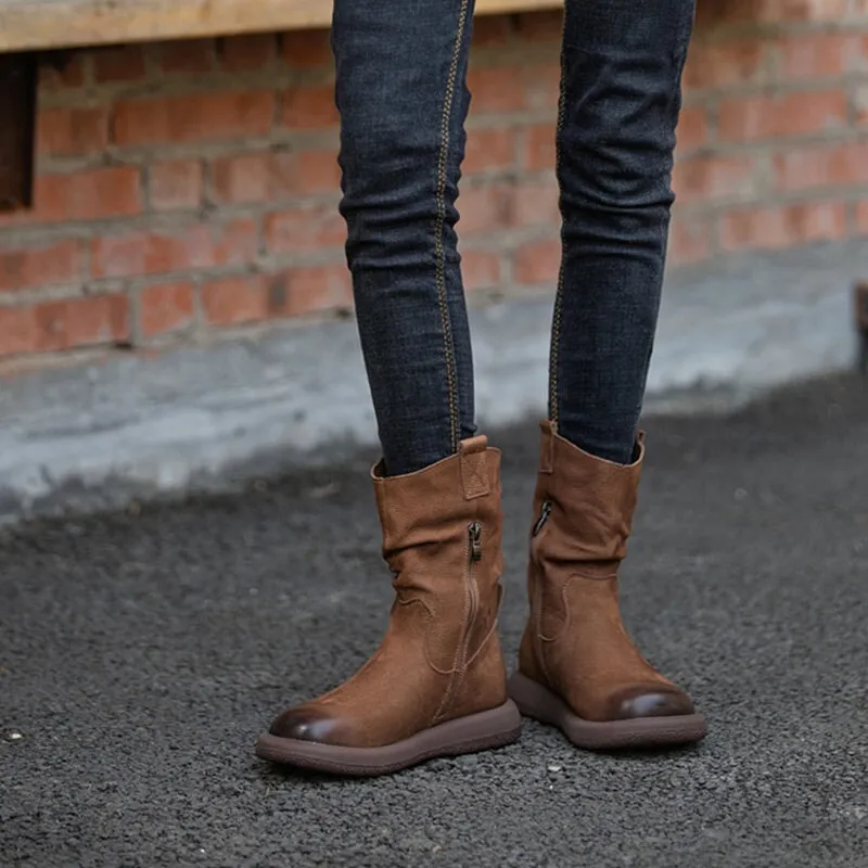 Women's Leather Mid Calf Western Boots In Brown/Black - Western Round Toe 30mm Heel