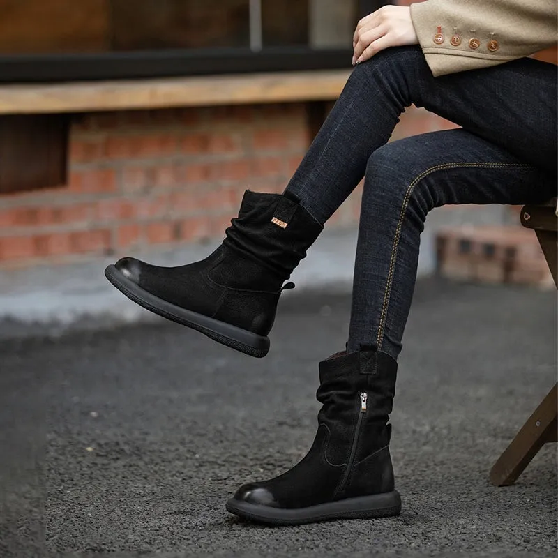 Women's Leather Mid Calf Western Boots In Brown/Black - Western Round Toe 30mm Heel