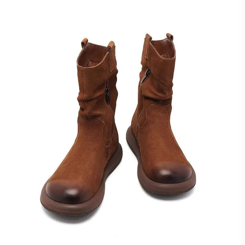 Women's Leather Mid Calf Western Boots In Brown/Black - Western Round Toe 30mm Heel