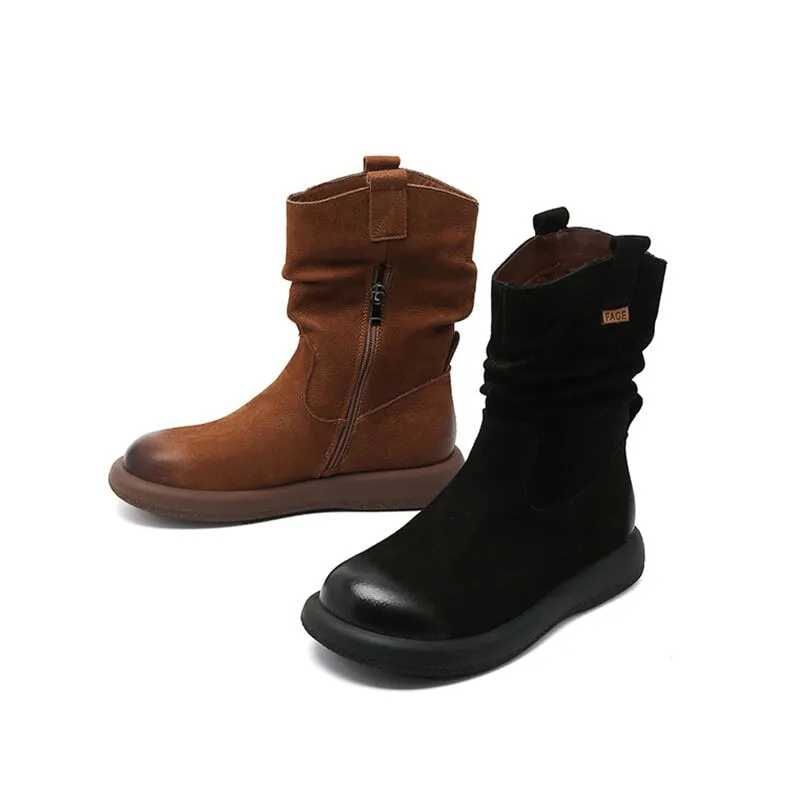 Women's Leather Mid Calf Western Boots In Brown/Black - Western Round Toe 30mm Heel