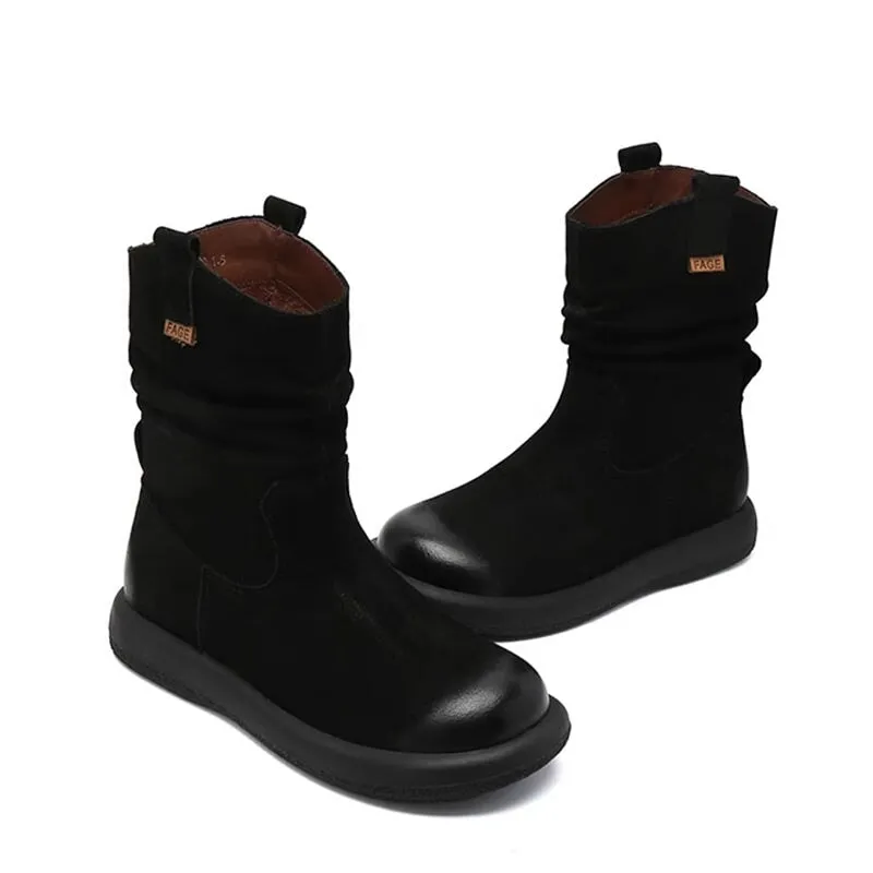 Women's Leather Mid Calf Western Boots In Brown/Black - Western Round Toe 30mm Heel