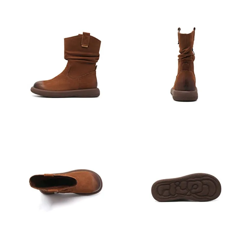 Women's Leather Mid Calf Western Boots In Brown/Black - Western Round Toe 30mm Heel