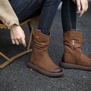 Women's Leather Mid Calf Western Boots In Brown/Black - Western Round Toe 30mm Heel