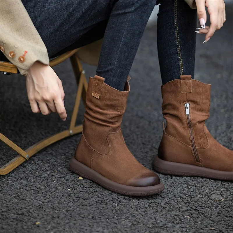 Women's Leather Mid Calf Western Boots In Brown/Black - Western Round Toe 30mm Heel