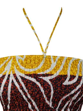 Women's Luxe Halter Dress, Yellow Printed Bohemian Recycled Silk Dresses S/M