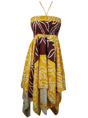 Women's Luxe Halter Dress, Yellow Printed Bohemian Recycled Silk Dresses S/M