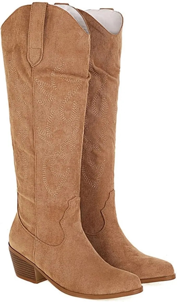Womens Retro Tall Cowboy Boots – Embroidered Knee-High, Chunky Heel