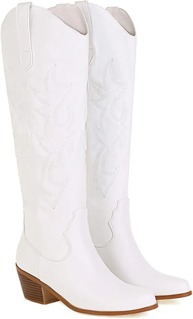 Womens Retro Tall Cowboy Boots – Embroidered Knee-High, Chunky Heel