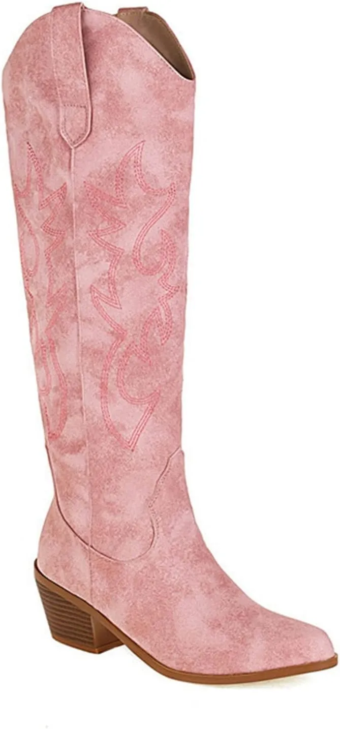 Womens Retro Tall Cowboy Boots – Embroidered Knee-High, Chunky Heel