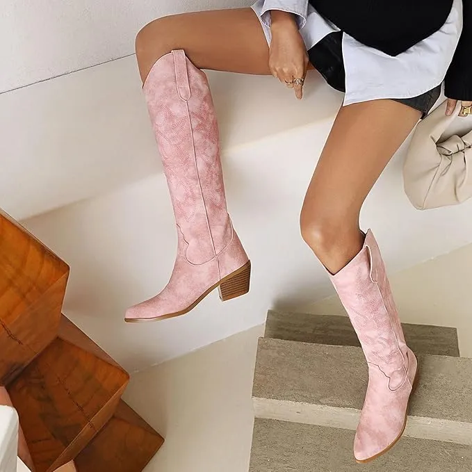 Womens Retro Tall Cowboy Boots – Embroidered Knee-High, Chunky Heel