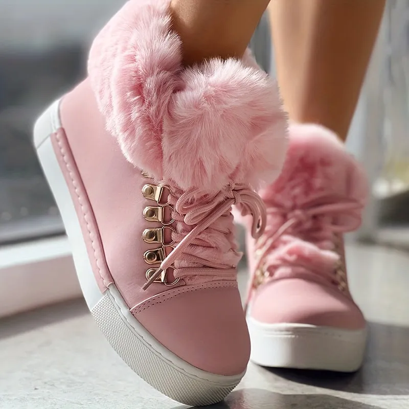 Women's Solid Color Boots, Lace Up High-top Round Toe Non-slip Fluffy Velvet Warm Shoes, Winter Snow Comfy Shoes