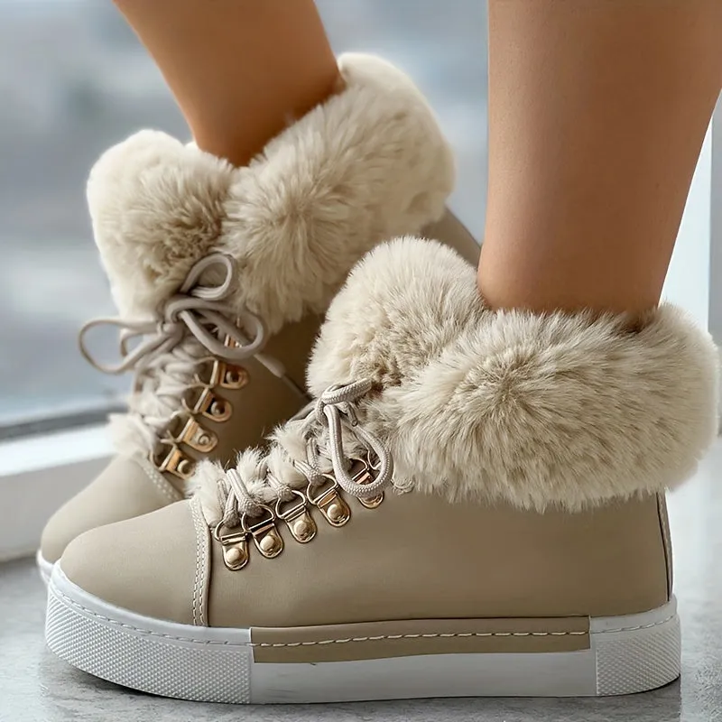 Women's Solid Color Boots, Lace Up High-top Round Toe Non-slip Fluffy Velvet Warm Shoes, Winter Snow Comfy Shoes