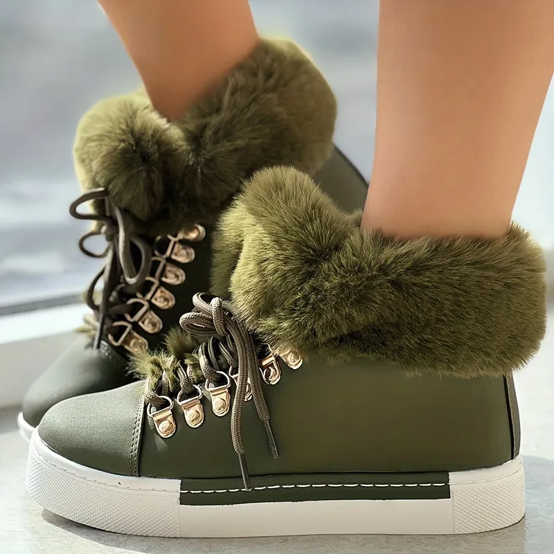 Women's Solid Color Boots, Lace Up High-top Round Toe Non-slip Fluffy Velvet Warm Shoes, Winter Snow Comfy Shoes