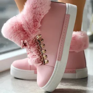 Women's Solid Color Boots, Lace Up High-top Round Toe Non-slip Fluffy Velvet Warm Shoes, Winter Snow Comfy Shoes