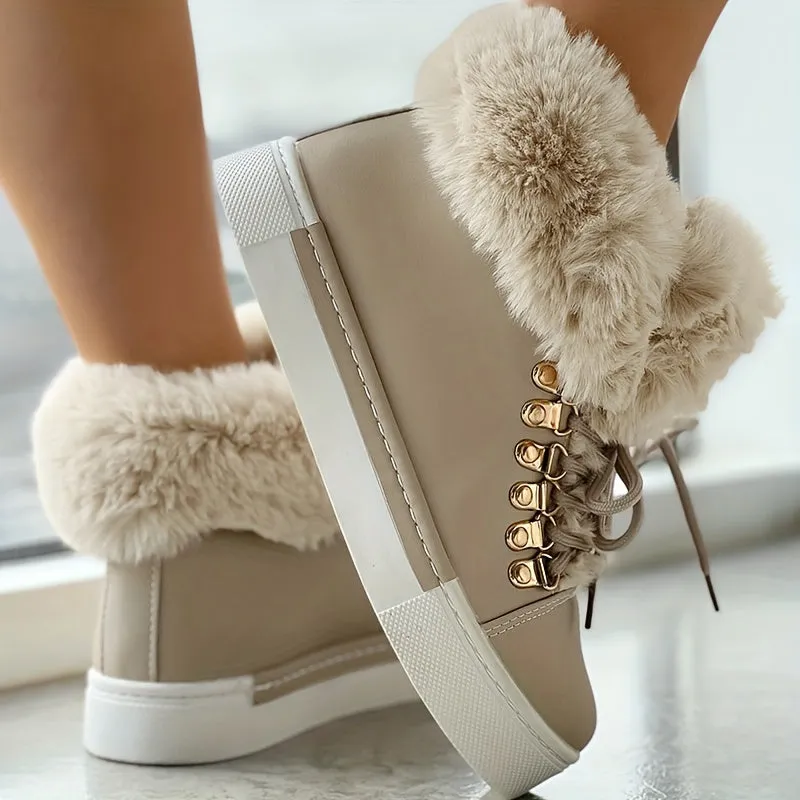 Women's Solid Color Boots, Lace Up High-top Round Toe Non-slip Fluffy Velvet Warm Shoes, Winter Snow Comfy Shoes