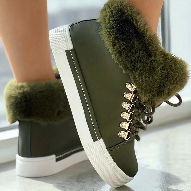 Women's Solid Color Boots, Lace Up High-top Round Toe Non-slip Fluffy Velvet Warm Shoes, Winter Snow Comfy Shoes