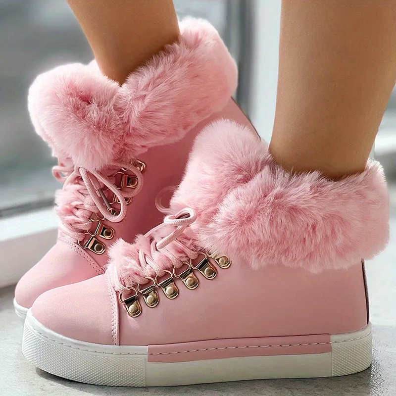 Women's Solid Color Boots, Lace Up High-top Round Toe Non-slip Fluffy Velvet Warm Shoes, Winter Snow Comfy Shoes