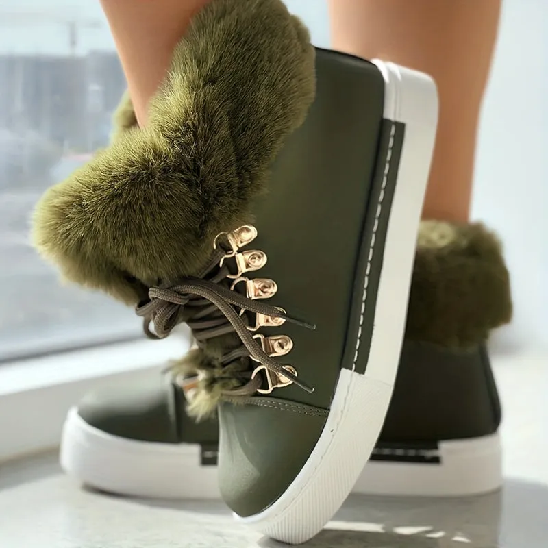 Women's Solid Color Boots, Lace Up High-top Round Toe Non-slip Fluffy Velvet Warm Shoes, Winter Snow Comfy Shoes