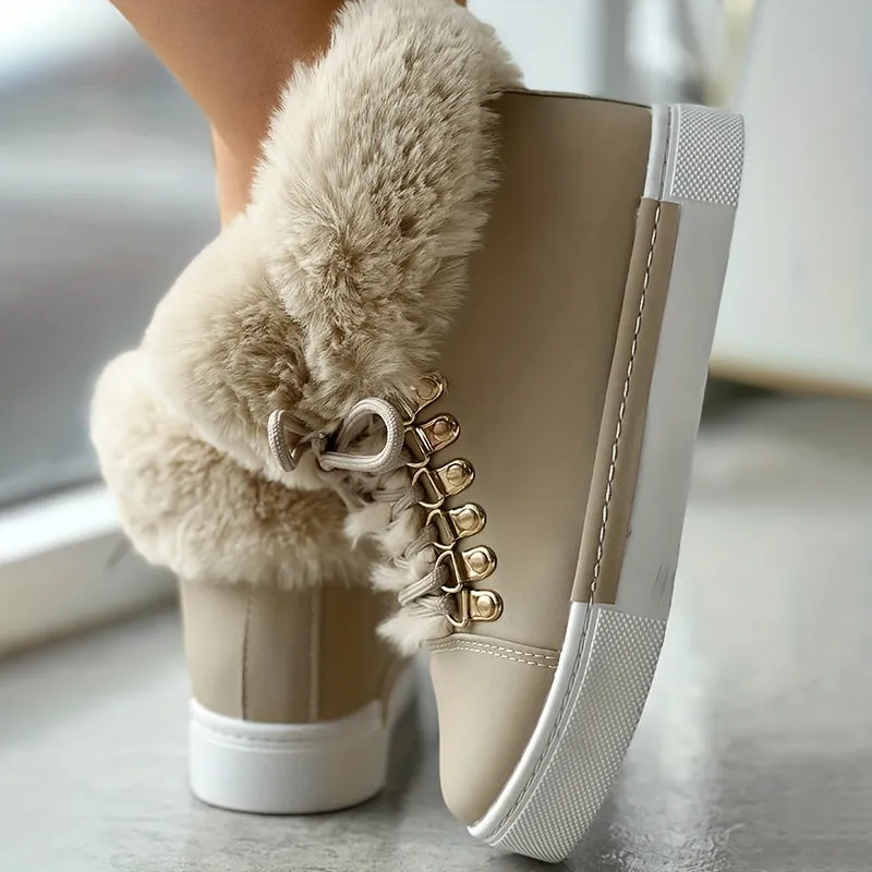 Women's Solid Color Boots, Lace Up High-top Round Toe Non-slip Fluffy Velvet Warm Shoes, Winter Snow Comfy Shoes