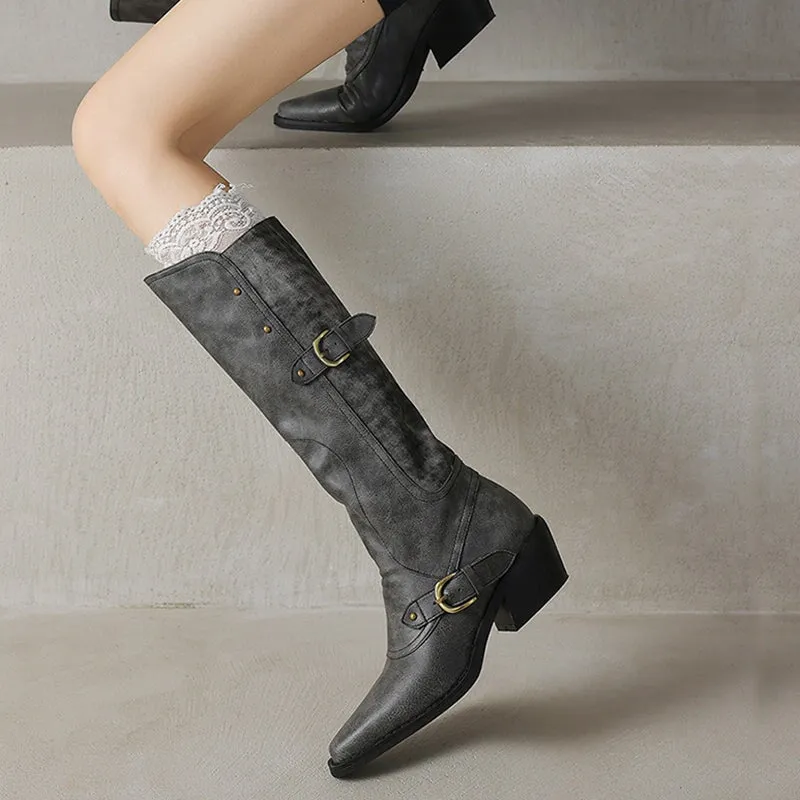 Women's Western R Toe Knee High Riding Boots with Belt in Grey/Brown