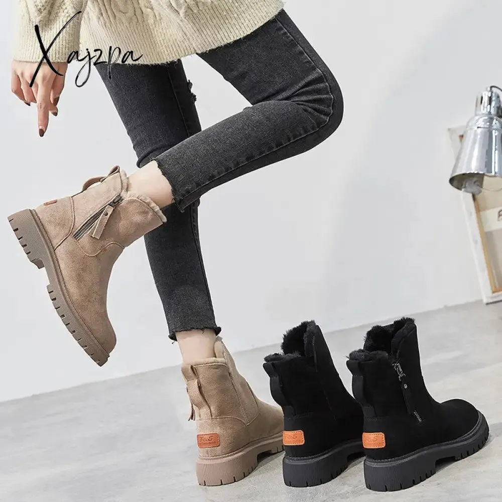 Xajzpa - Ankle Snow Boots Women 2023 Winter Warm Fashion Designer Platform Boots Gladiator Non-slip Plush Flats Shoes Fur Boots Plus Size