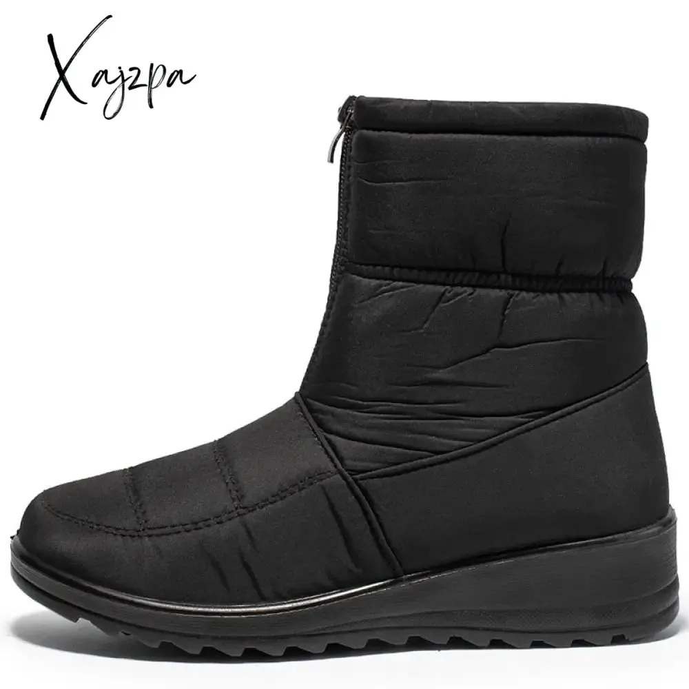 Xajzpa - Waterproof Snow Boots for Women Winter Warm Plush Ankle Booties Front Zipper Non Slip Cotton Padded Shoes Woman Size 44