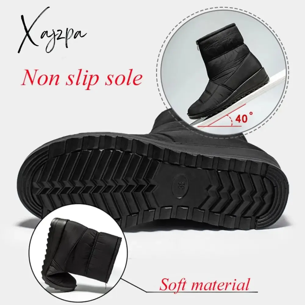 Xajzpa - Waterproof Snow Boots for Women Winter Warm Plush Ankle Booties Front Zipper Non Slip Cotton Padded Shoes Woman Size 44