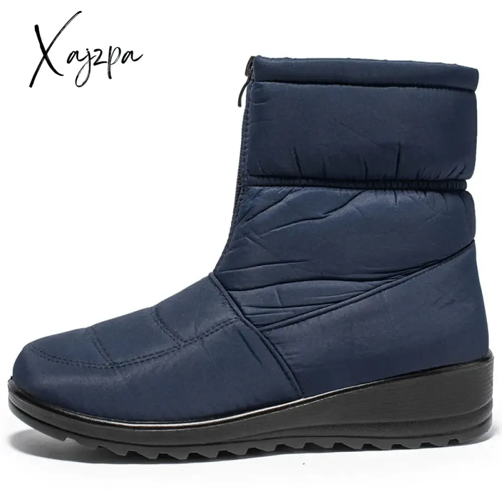 Xajzpa - Waterproof Snow Boots for Women Winter Warm Plush Ankle Booties Front Zipper Non Slip Cotton Padded Shoes Woman Size 44
