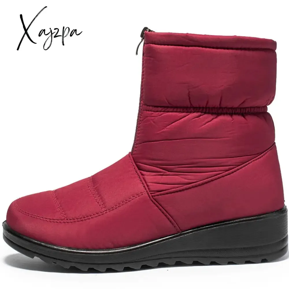 Xajzpa - Waterproof Snow Boots for Women Winter Warm Plush Ankle Booties Front Zipper Non Slip Cotton Padded Shoes Woman Size 44
