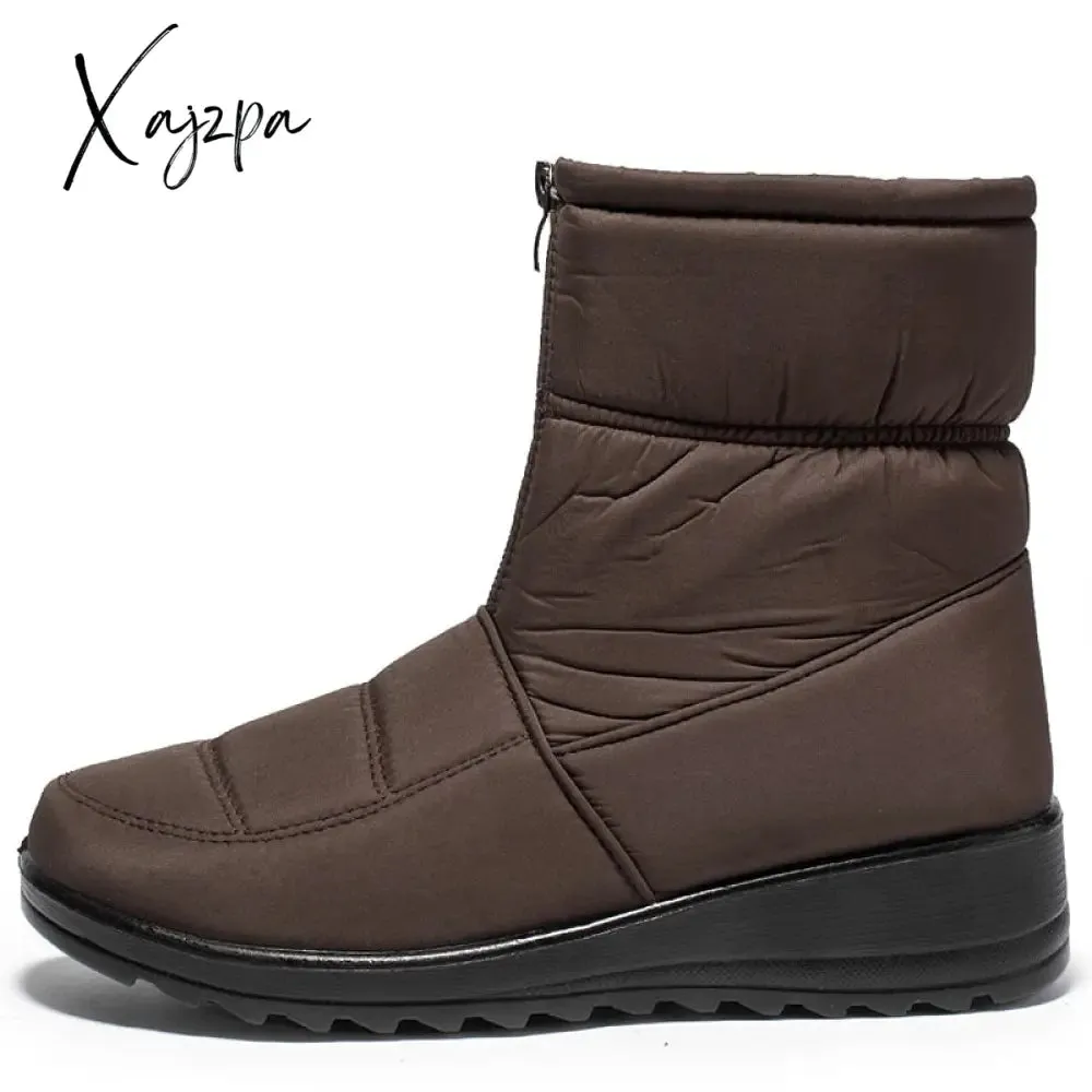 Xajzpa - Waterproof Snow Boots for Women Winter Warm Plush Ankle Booties Front Zipper Non Slip Cotton Padded Shoes Woman Size 44