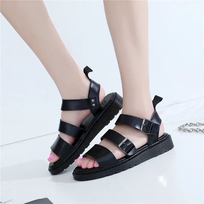 xiangtuibao Punk Style Women Gladiator Sandals Black Flat Shoes Woman Casual Thick Heel Beach Flats Sandalias Mujer Summer