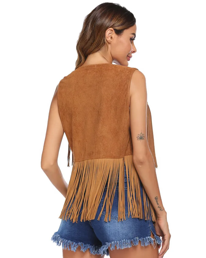 Zeagoo Womens Fringe Vest 70s Cowgirl Costume Faux Suede Rave Outfits Western Hippie Clothes S-XXXL